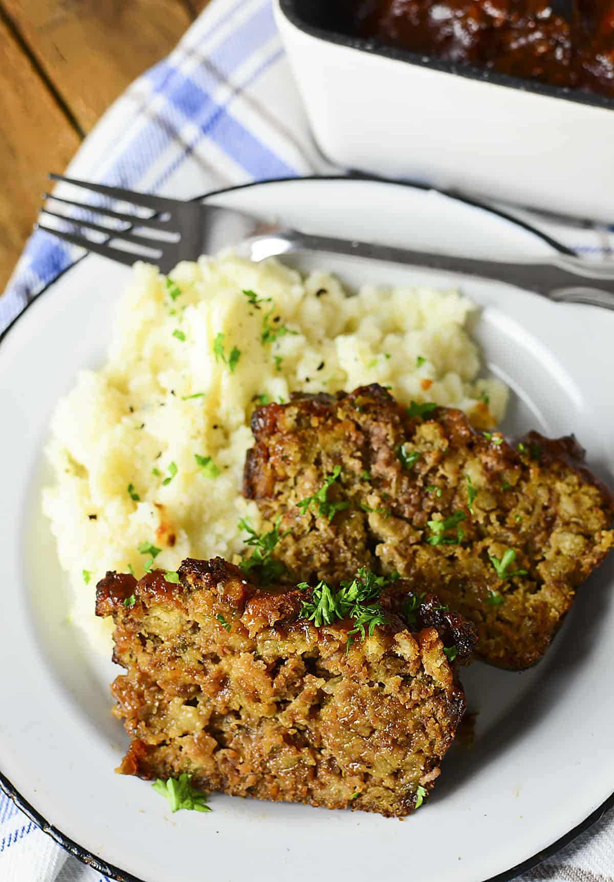 Stovetop stuffing meatloaf with mashed potatoes.