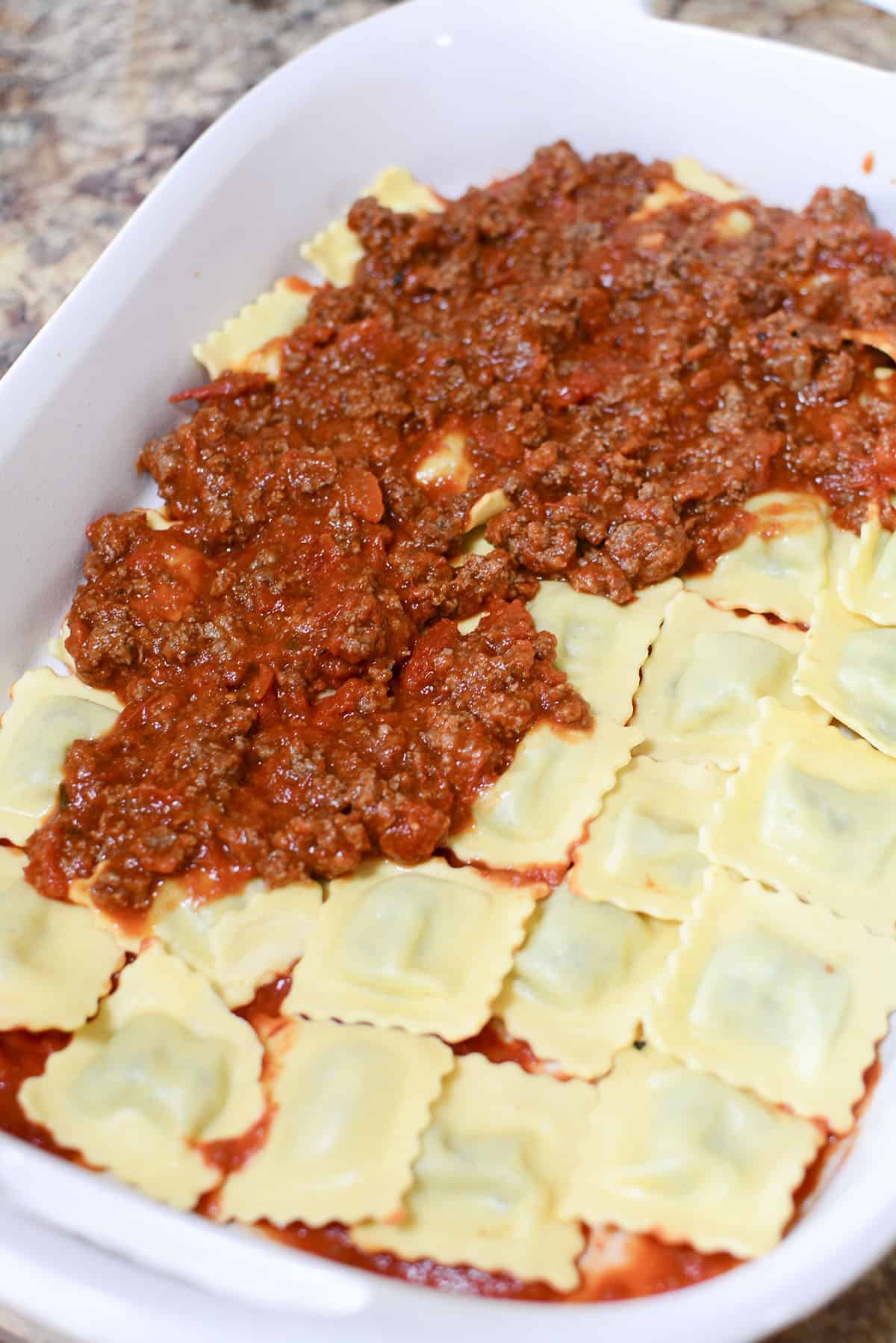 The layering of the lazy lasagna shown.
