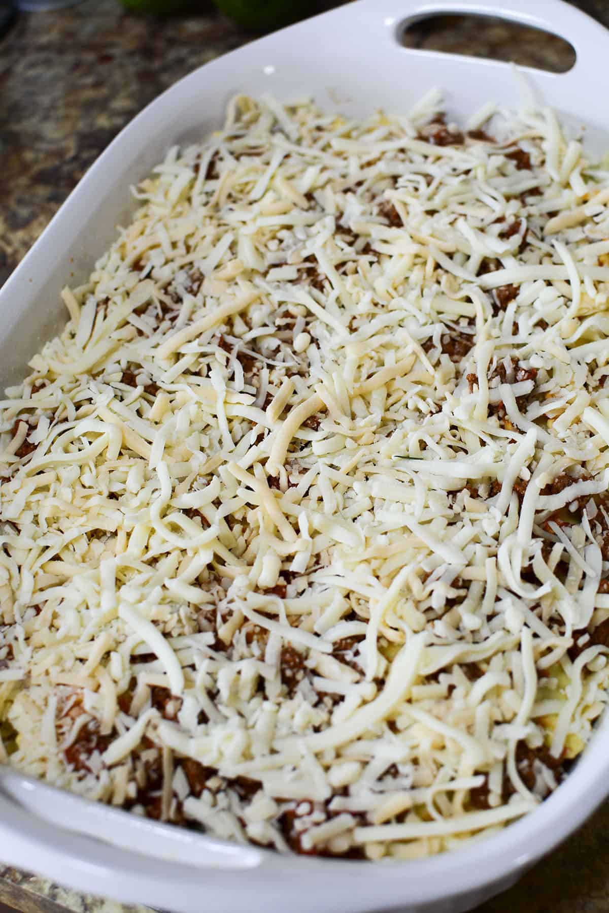 The lasagna assembled and ready to go into the oven.