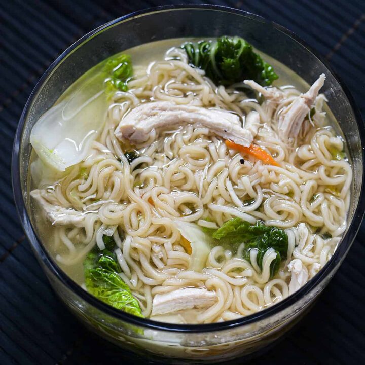 4 Ingredient Chicken Ramen in a glass bowl.