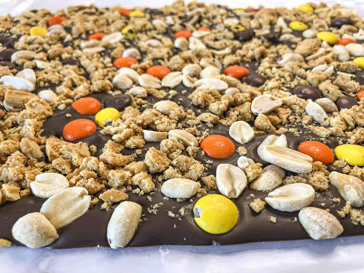 A side view of the peanut butter bark candy showing the toppings. 