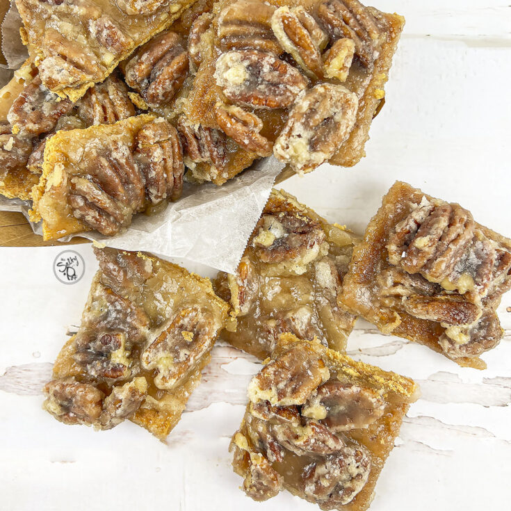 4 Pieces of pecan pie bark on the table with a container of the bark on the upper left.