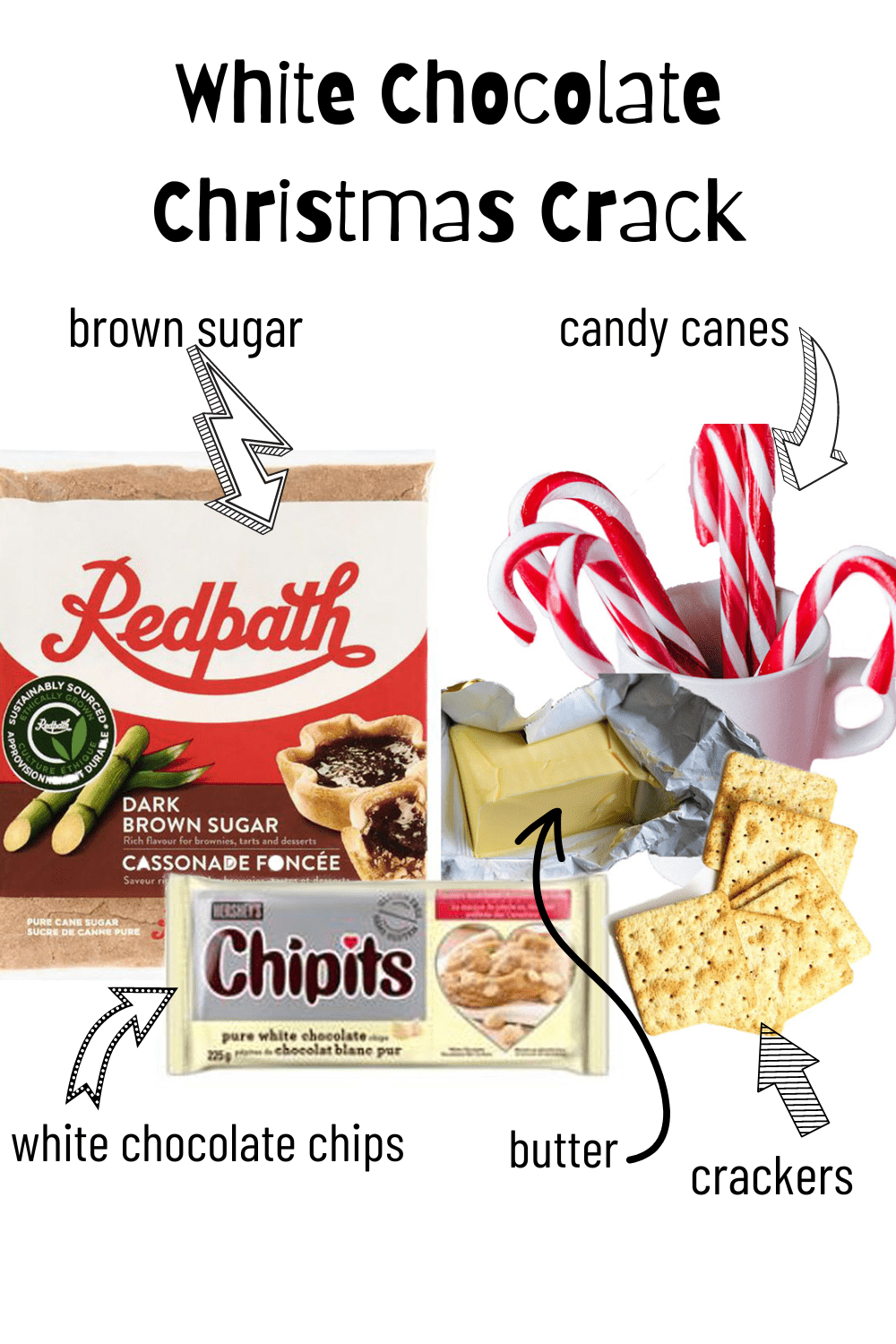 The ingredients needed to make the treat. Brown sugar, candy canes, butter, crackers, and white chocolate chips.