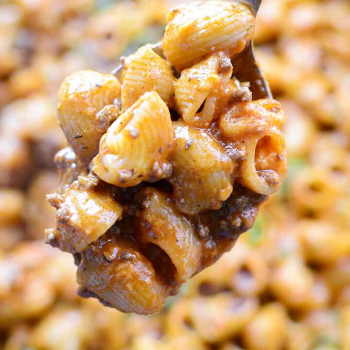 4 Ingredient hamburger casserole on a spoon.