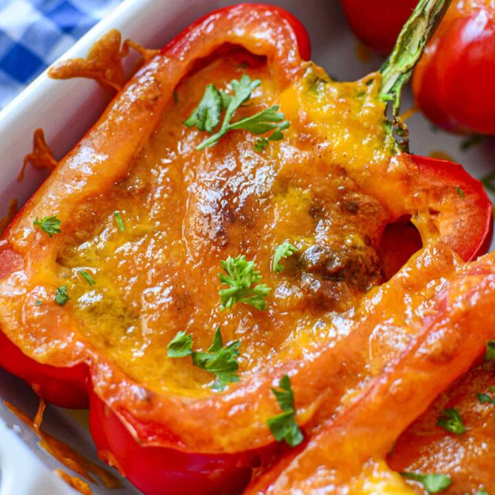 One chili stuffed pepper in a baking dish.