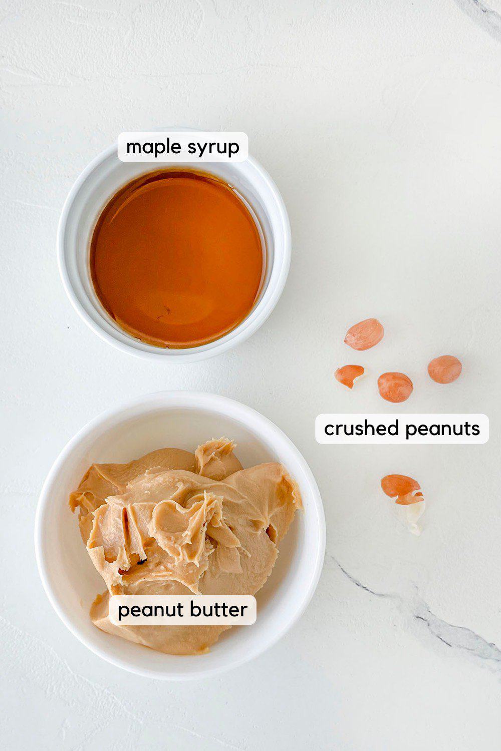 Ingredient photo - maple syrup, peanuts and peanut butter.