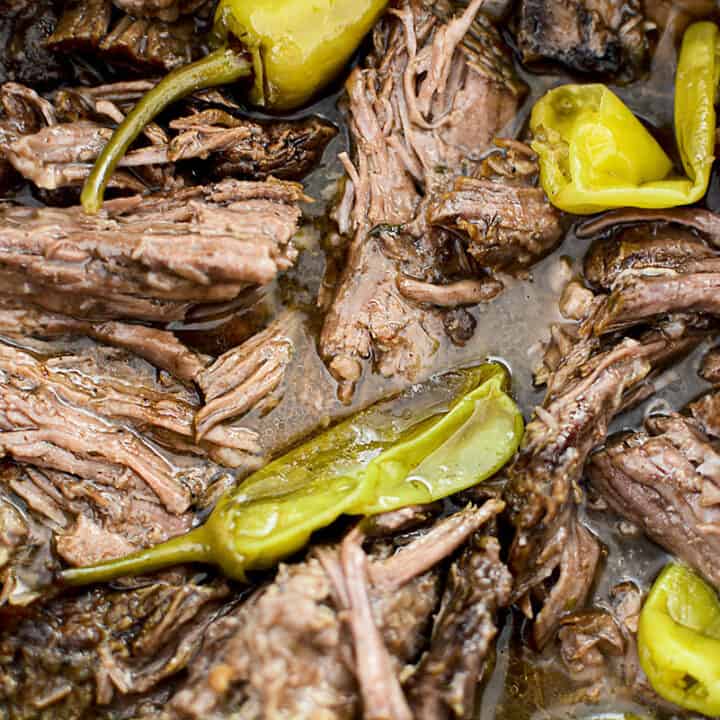 A close up of the shredded beef and peppers.