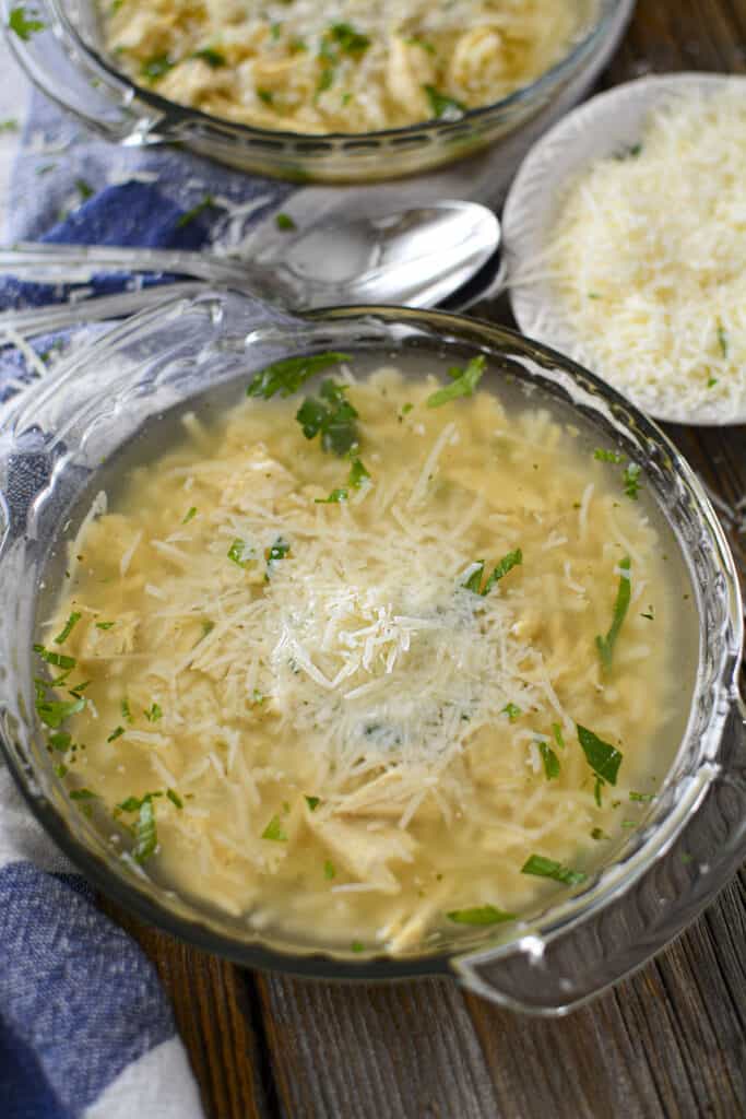 The soup is served with grated parmesan over top. 