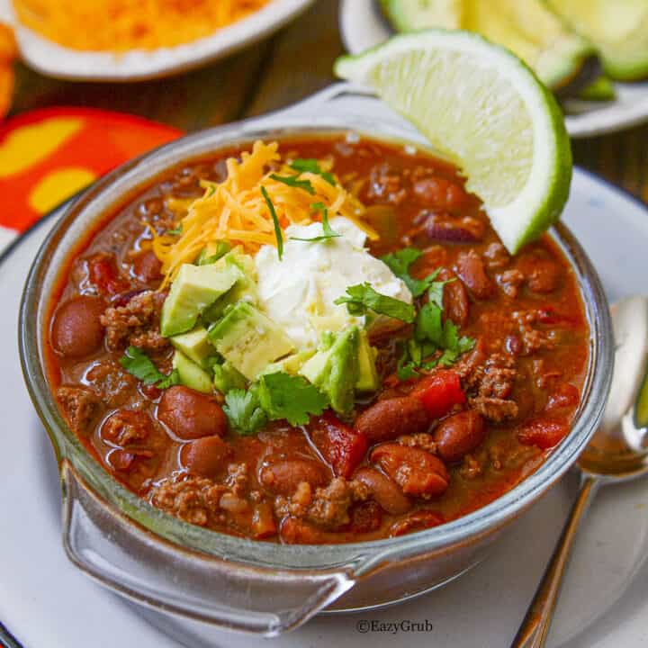 3 ingredient chili in a glass serving bowl.