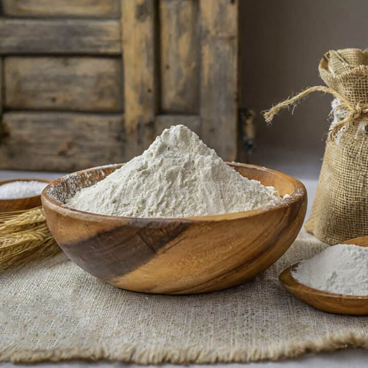 3 ingredient self raising flour square image. A bowl of self rising flour surrounded by ingredients to make it.