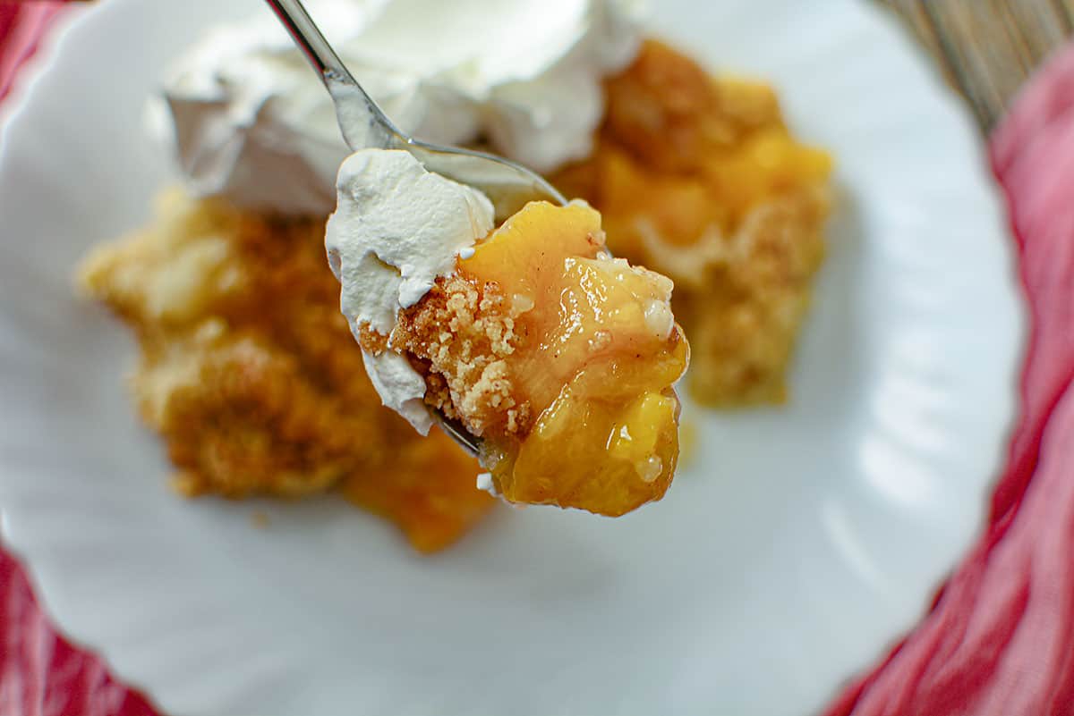 A small spoonful of the peach dessert.