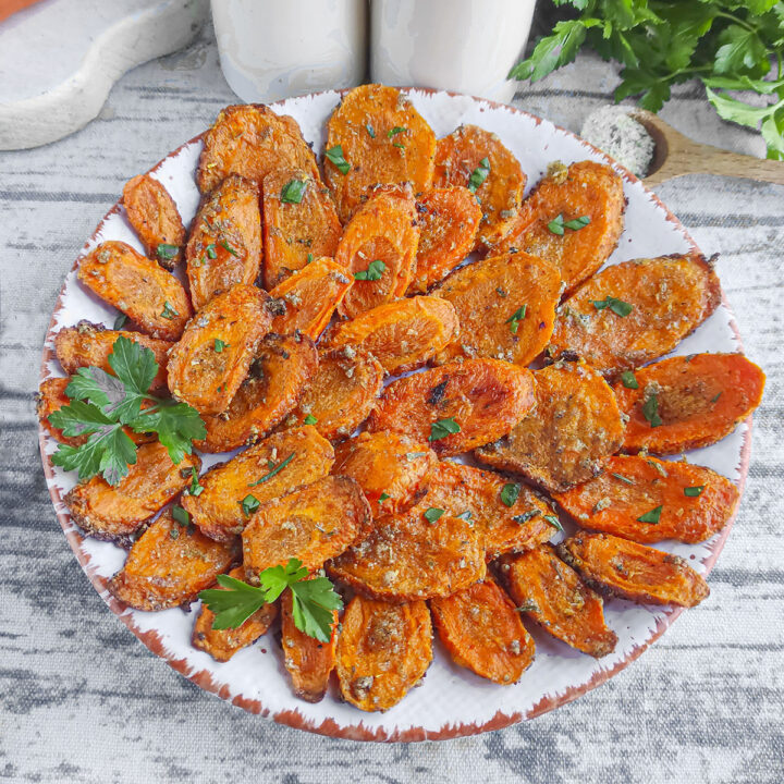 Ranch Carrots on a white plate, square image.
