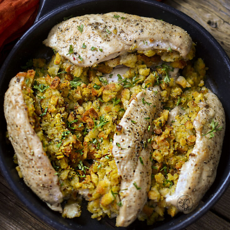 Stuffed chicken breast in a skillet square image