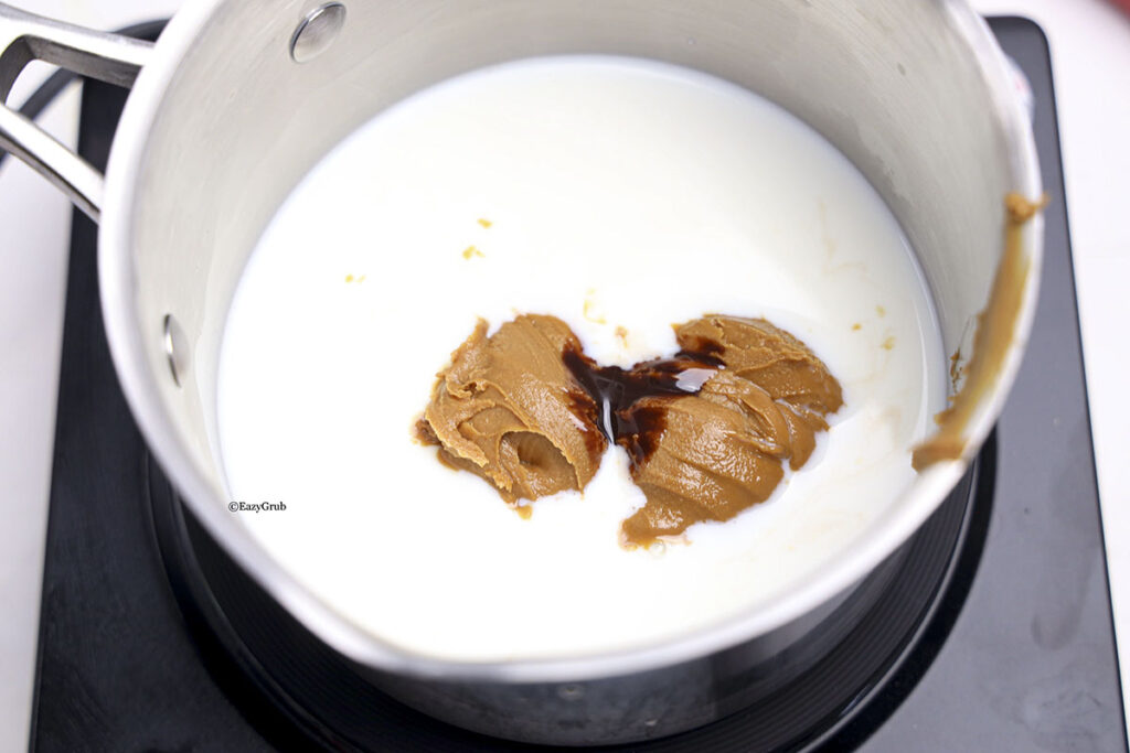 chocolate syrup added in the pan and warmed up together till smooth and steamy.
