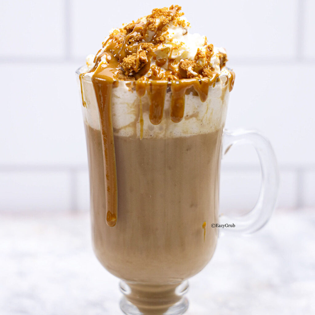A mug of biscoff hot chocolate, top it with a mountain of whipped cream, and drizzle that melty Biscoff