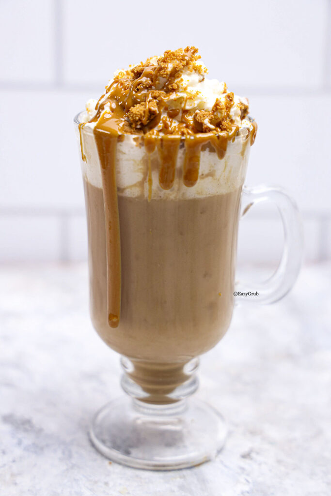 Biscoff hot chocolate in a mug, top it with a mountain of whipped cream, and drizzle that melty Biscoff