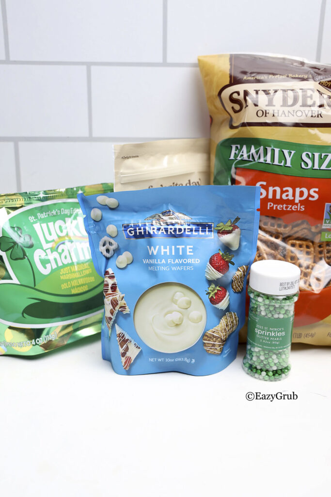 ingredients for Lucky Charms Caramel Pretzels