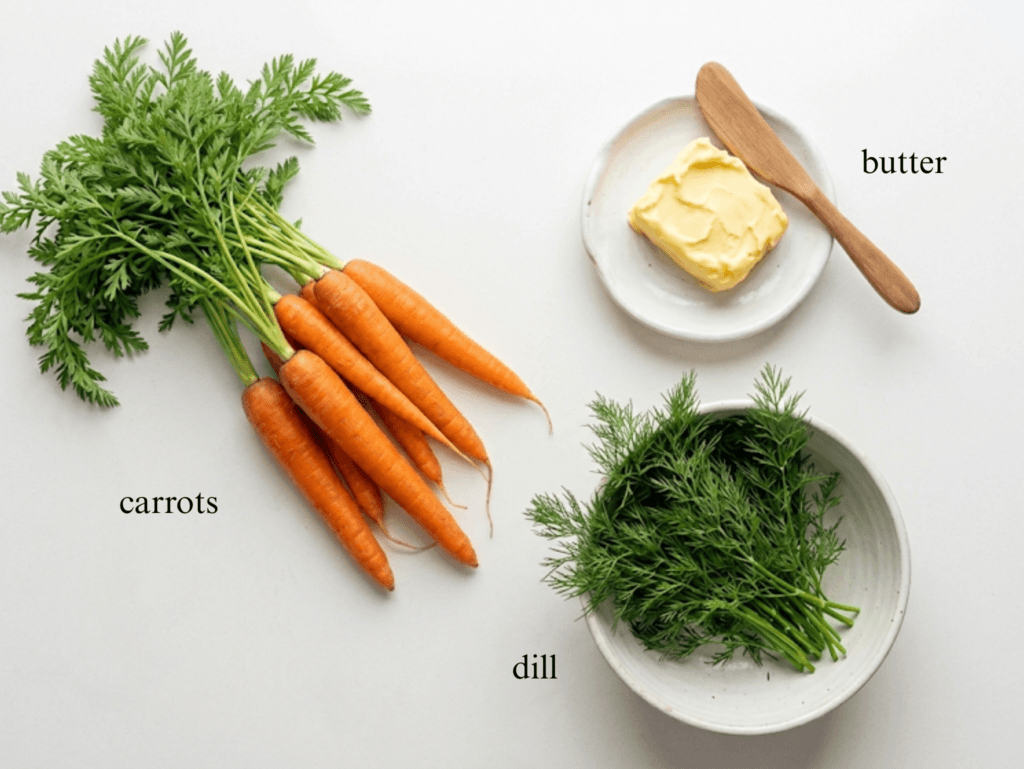 An overhead flat lay of the three main ingredients: a bunch of fresh whole carrots with green tops, a pat of yellow butter on a small white plate with a wooden spreader, and a white bowl filled with fresh green dill sprigs, all labeled on a plain white background.