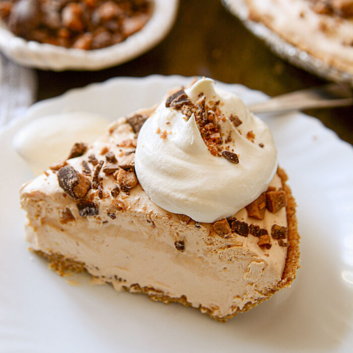 butterscotch toffee pie slice on a plate.