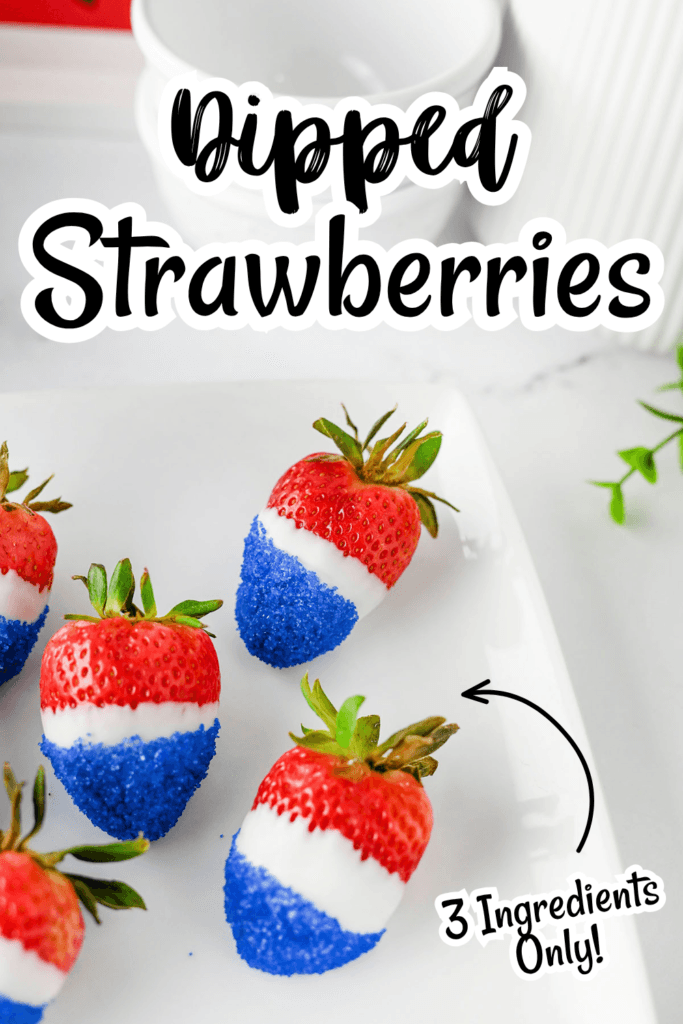 Overhead view of five red, white, and blue decorated strawberries on a white plate.