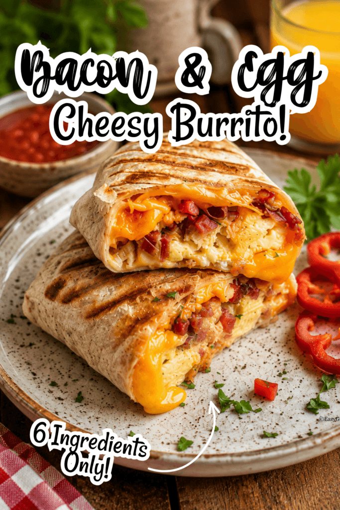 Bacon and egg cheesy burrito pinterest pin.