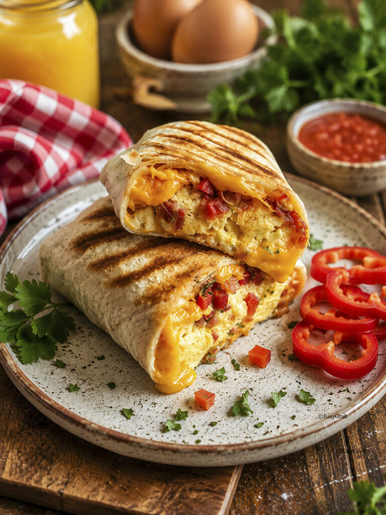Halved grilled breakfast burrito wrap served on a plate with red pepper slices.