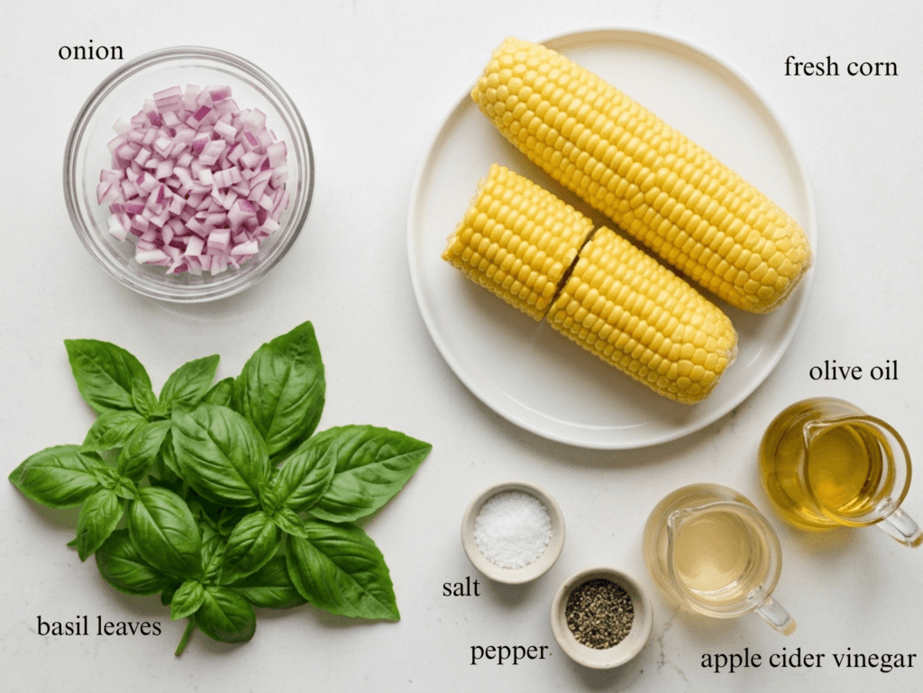 Flat lay display of corn cobs, fresh herbs, diced onion, oil, and spices on a white countertop