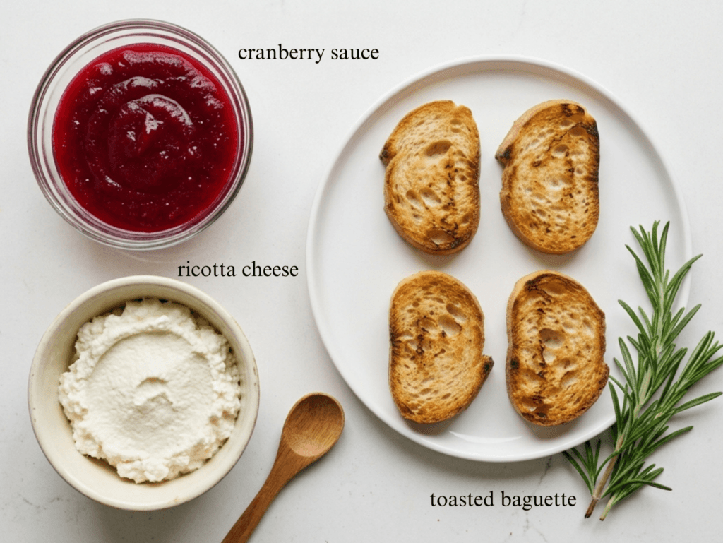 Flat lay of ingredients including toasted bread, white dip, red sauce, and herbs