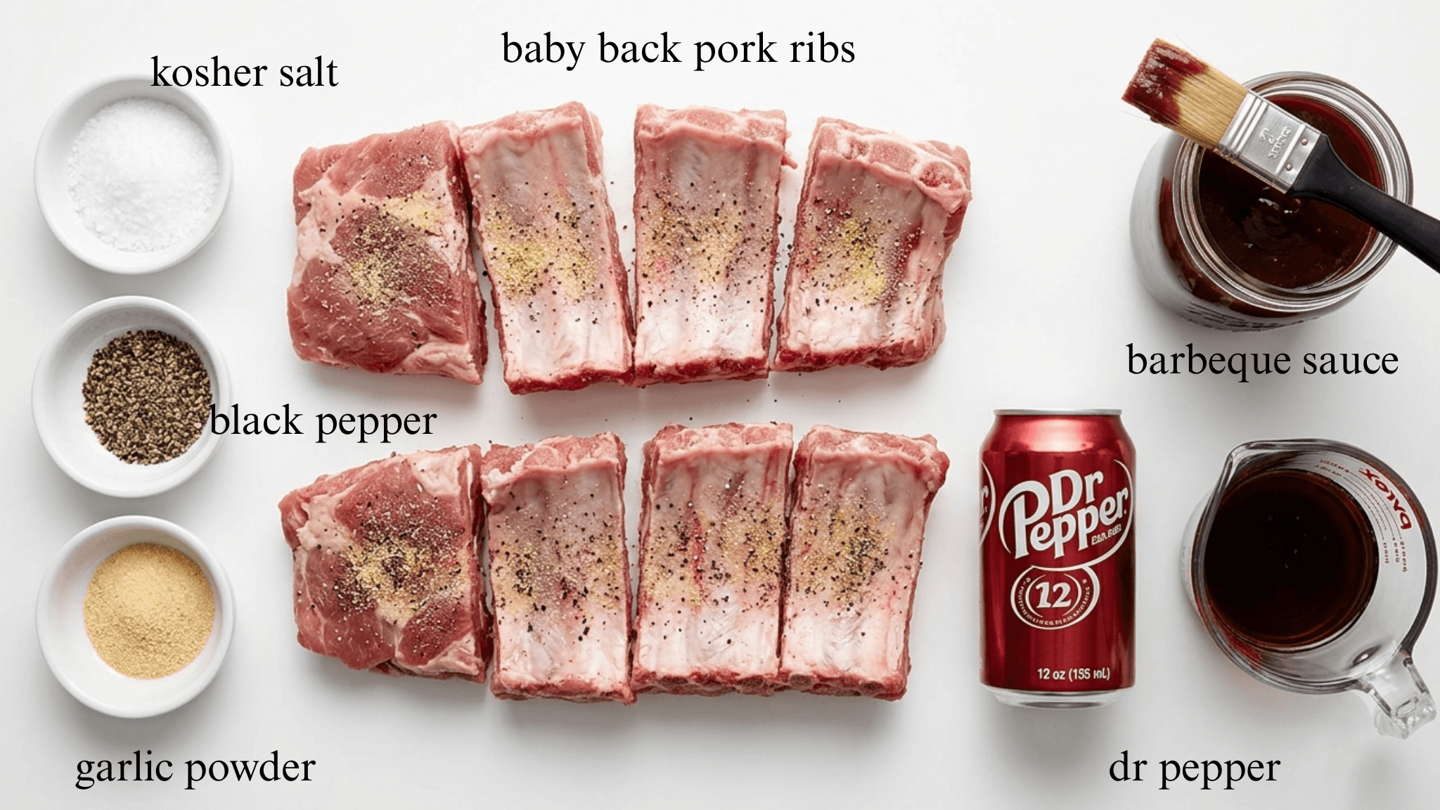Prepared raw meat sections, small bowls of seasonings, a soda can, and sauce on a white countertop