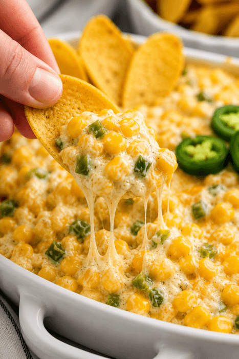 Featured image, a corn chip with dip and a cheese pull.