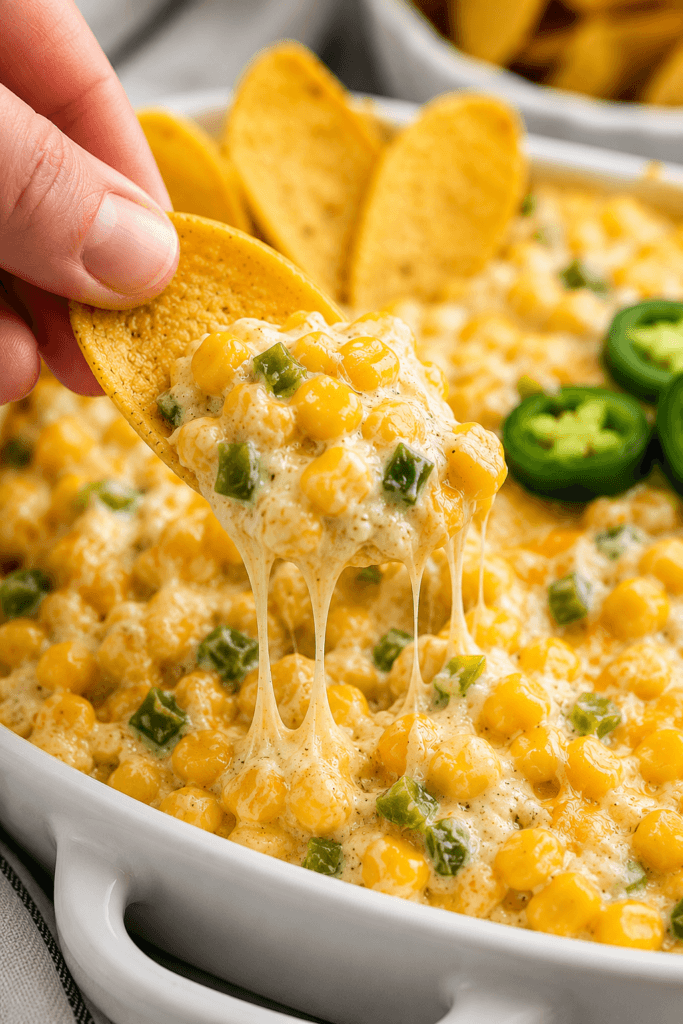 Featured image, a corn chip with dip and a cheese pull.