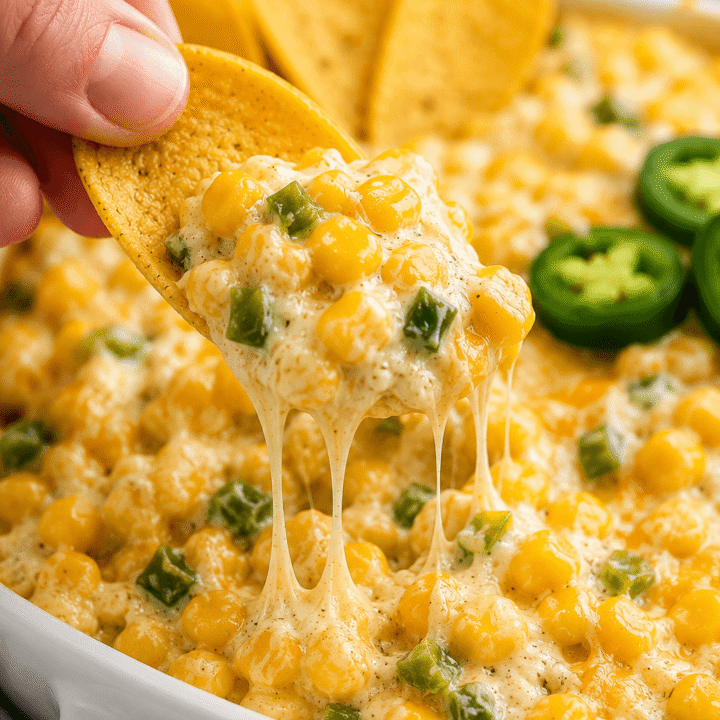Featured image, a corn chip with dip and a cheese pull.