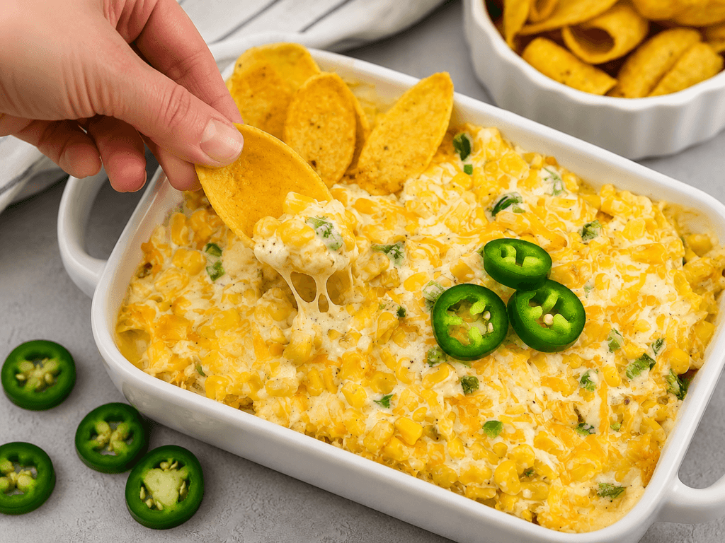 Hand scooping warm baked dip from a white dish using a chip.