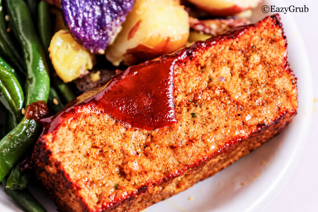 Plated image of the chicken meatloaf.