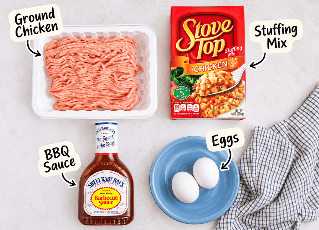 Ingredients for the 4-ingredient chicken meatloaf. Chicken, stuffing mix, bbq sauce and eggs.
