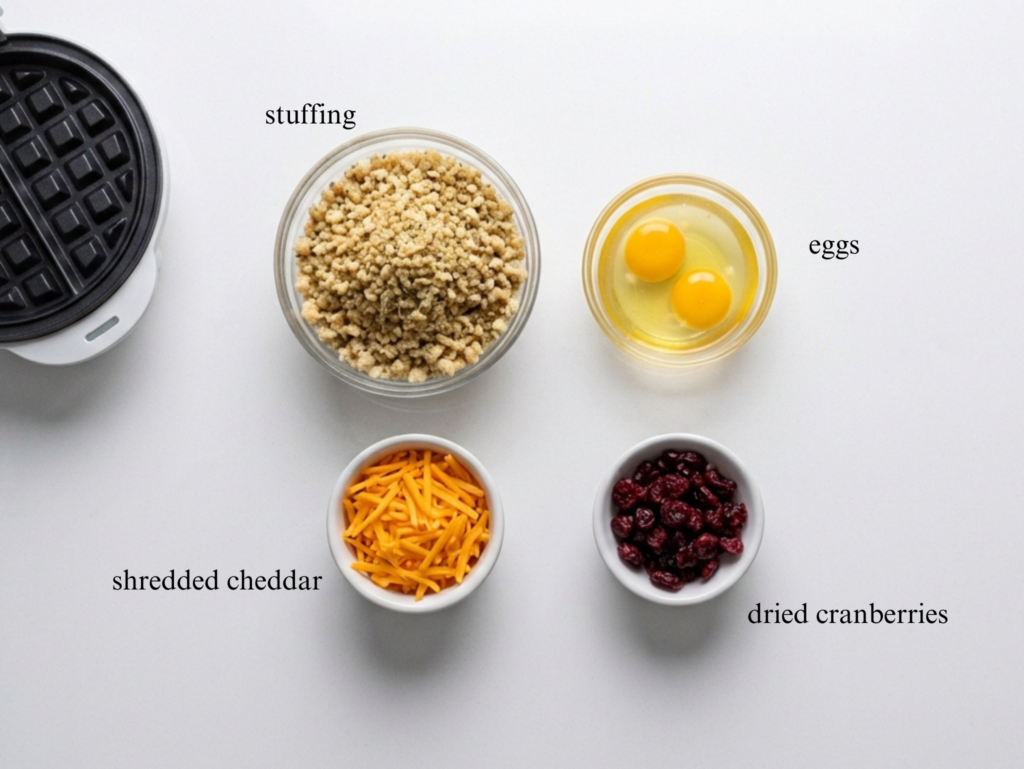  a mini waffle iron alongside small bowls of stuffing crumbs, raw eggs, shredded cheese, and dried cranberries.
