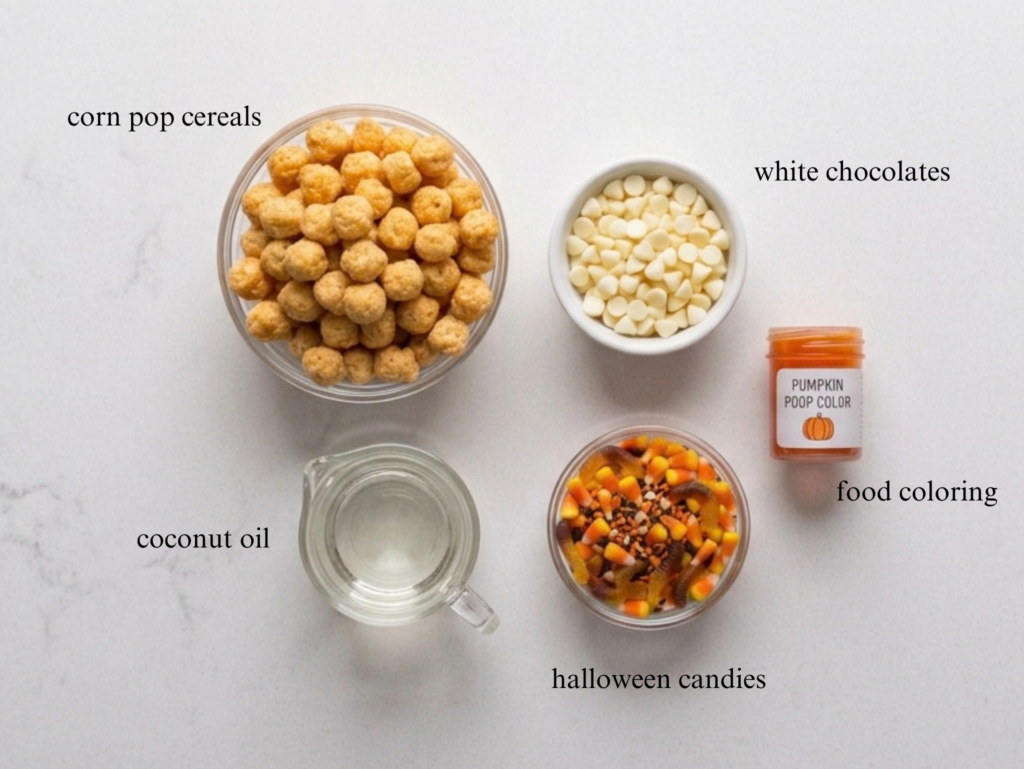 Flat lay displaying cereal puffs, white chocolate chips, oil, candies, and food coloring in small bowls
